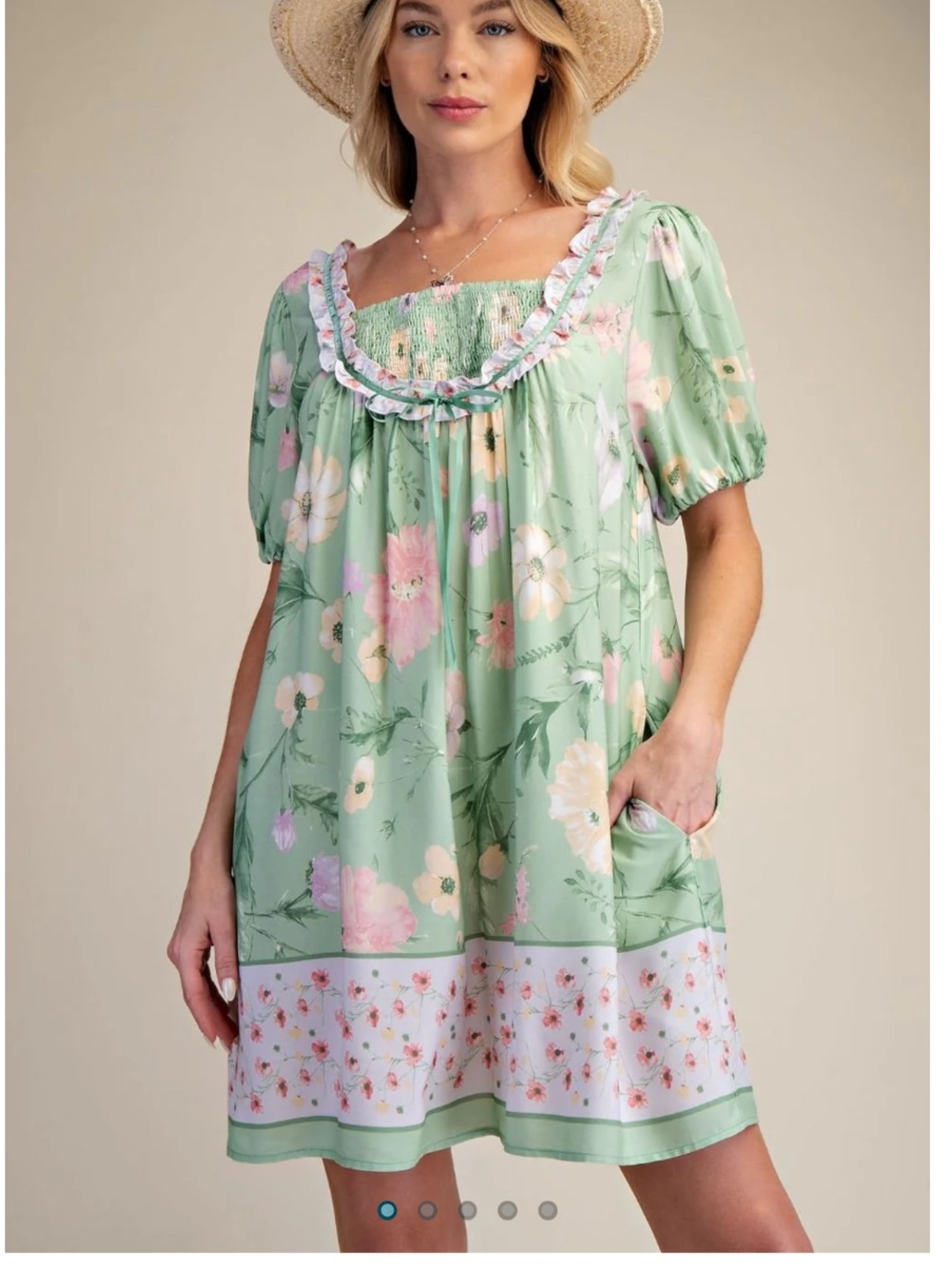 New Pastel Mint Green Floral Puff Sleeve Coquette Bow Babydoll Mini Dress